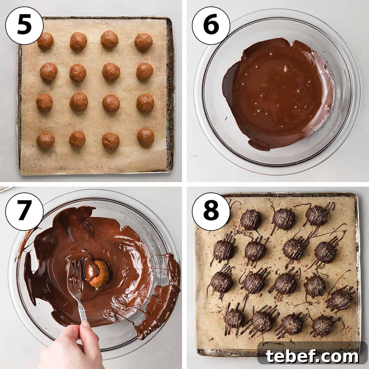 Decadent Biscoff Cookie Butter Truffles Recipe 6 Process Shot Collage: shaping the balls and dipping them in chocolate.