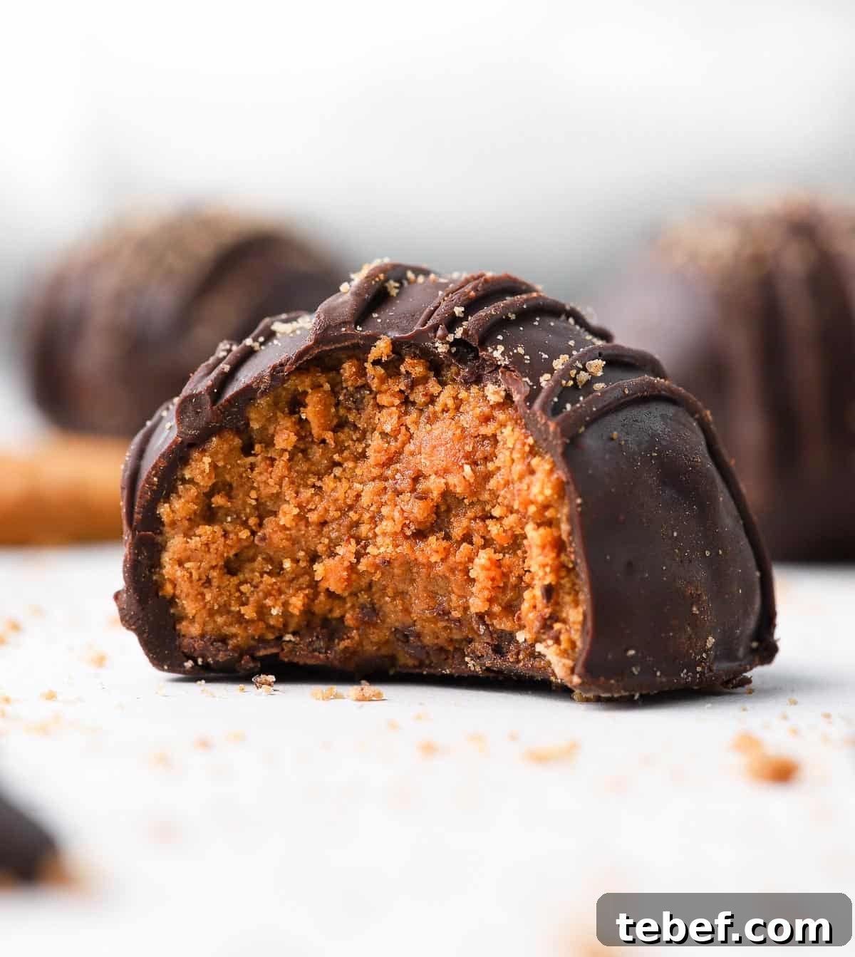 Decadent Biscoff Cookie Butter Truffles Recipe 7 Bite shot of a biscoff truffle.