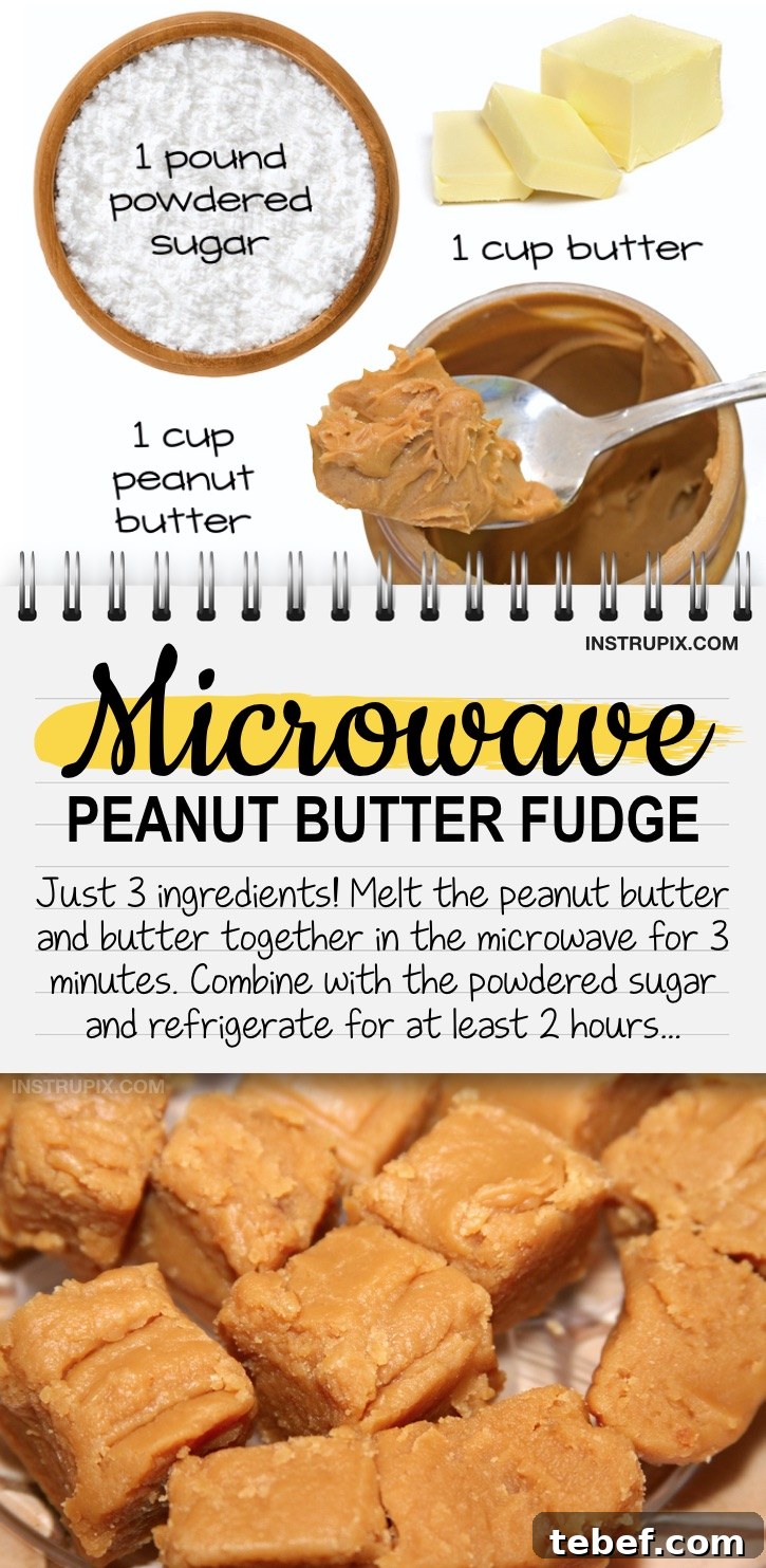 Quick and easy microwave peanut butter fudge recipe - A simple 3 ingredient dessert idea for a crowd! Made with just peanut butter, butter and powdered sugar. No bake, no hassle, no fuss. Great for the holidays!