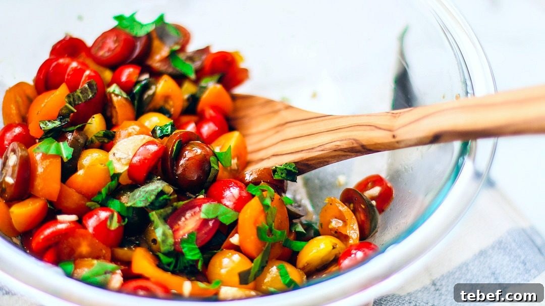 Bruschetta Tortellini Pasta Salad with Cherry Tomatoes & Basil 3 Bowl of bruschetta mix.