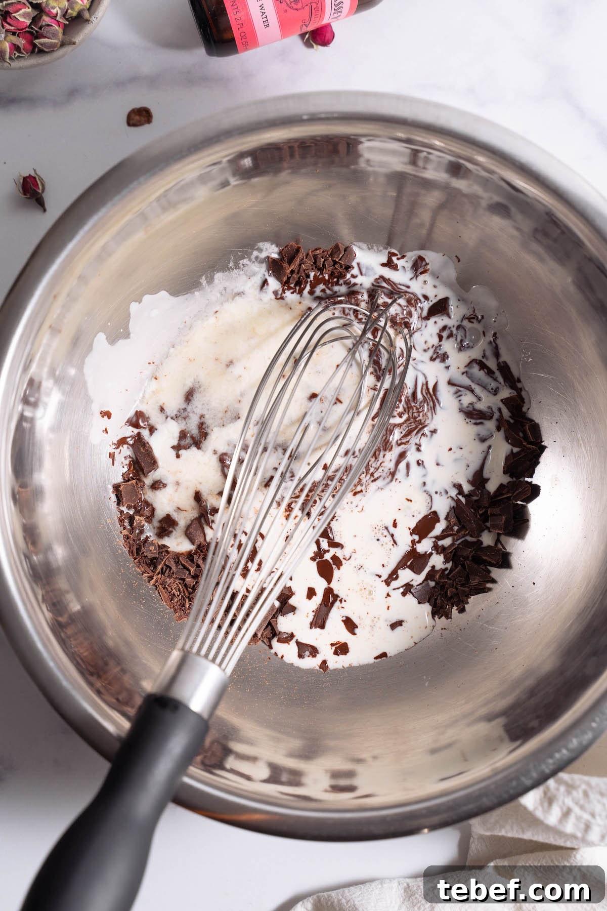 Chocolate Rose Cake with Vanilla Whipped Cream Recipe 3 Making chocolate rosewater ganache