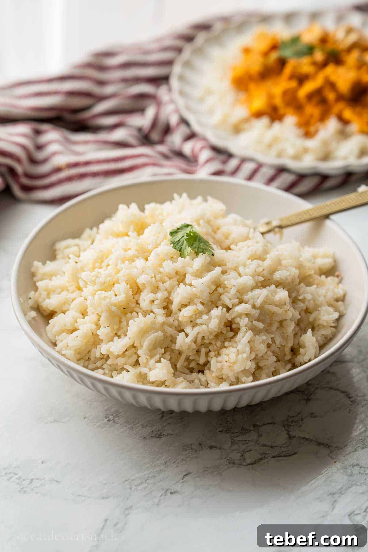 Perfect Instant Pot Jasmine Rice Recipe 2 Cooked jasmine rice with gold spoon in bowl.