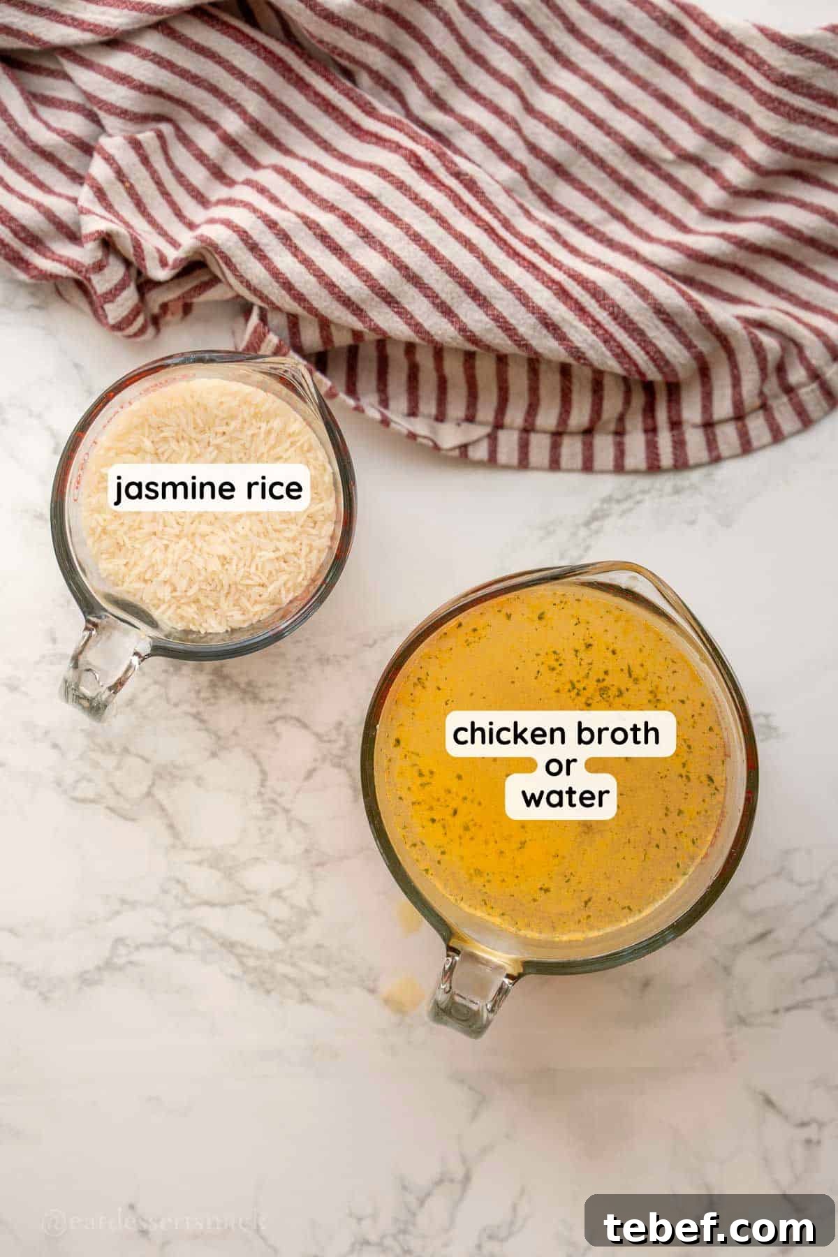 Perfect Instant Pot Jasmine Rice Recipe 3 Jasmine rice and chicken broth in glass bowls.