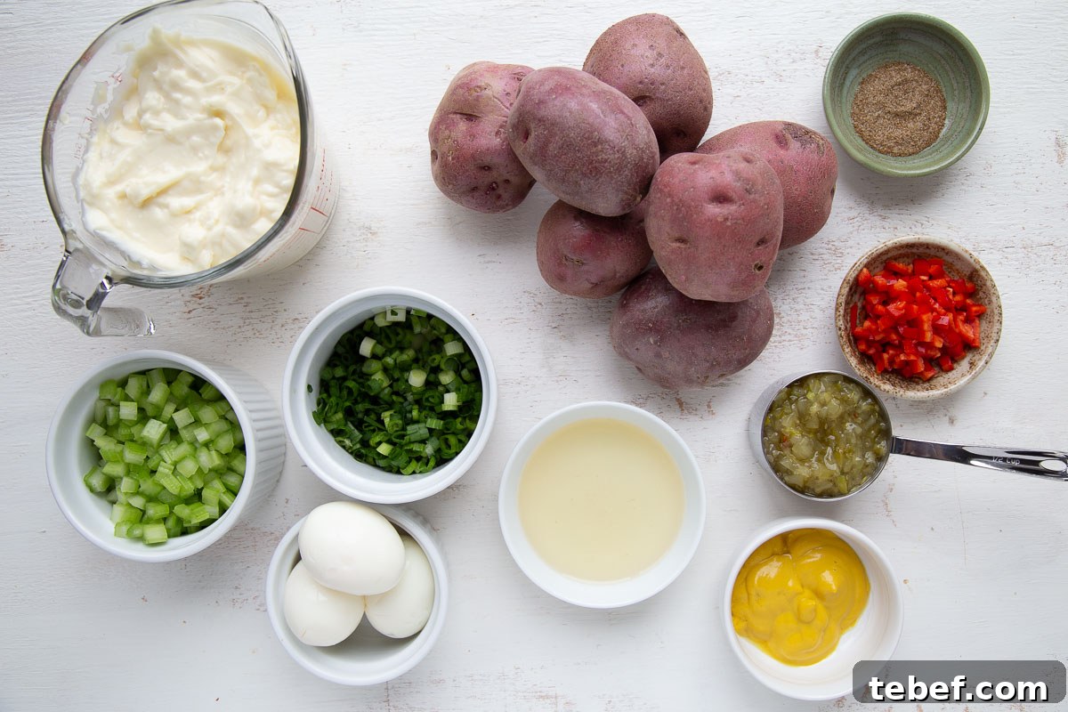 Creamy Red Potato Salad with Tangy Dill Dressing 3 red potatoes, green onions, mayo, and other ingredients on a white table.