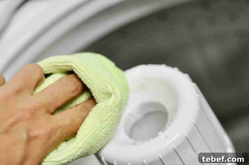 Deep Clean Your Top-Loading Washing Machine: Step-by-Step Guide 7 wiping fabric softener dispenser with a microfiber cloth.