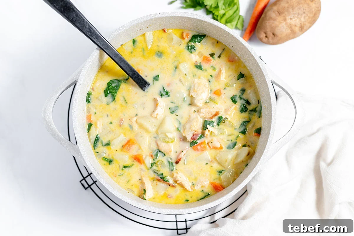Hearty Chicken and Potato Soup Recipe for Cozy Weeknights 12 Chicken Potato Soup in large pot ready to serve.