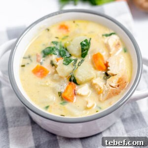 Hearty Chicken and Potato Soup Recipe for Cozy Weeknights 14 A serving of Chicken Potato Soup in a bowl.