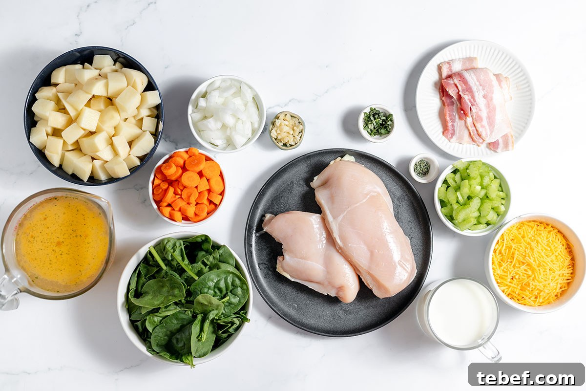 Hearty Chicken and Potato Soup Recipe for Cozy Weeknights 3 Ingredients to make chicken potato soup set out on the counter.