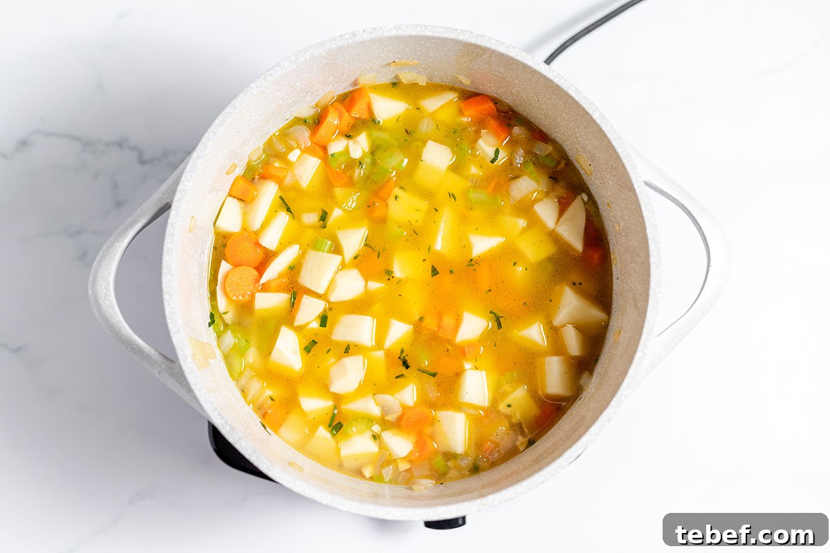 Hearty Chicken and Potato Soup Recipe for Cozy Weeknights 7 Potatoes and chicken broth added to vegetables in the large pot.