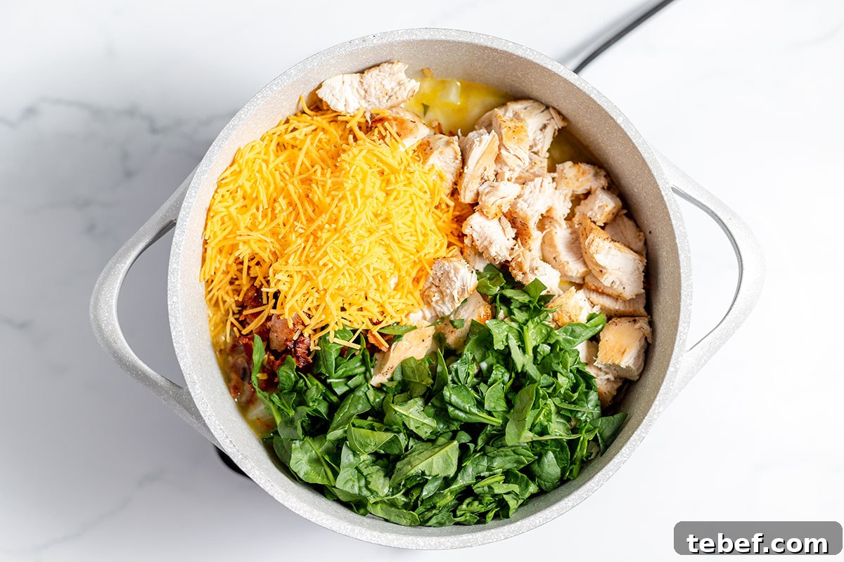 Hearty Chicken and Potato Soup Recipe for Cozy Weeknights 10 Milk and cheese are added to the chicken soup mixture in a large pot.