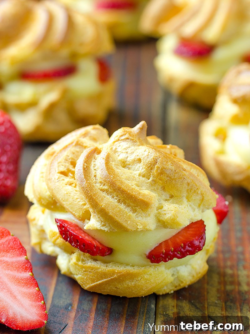 Strawberry Cream Puffs Recipe with Light Whipped Filling 3 Cream Puffs