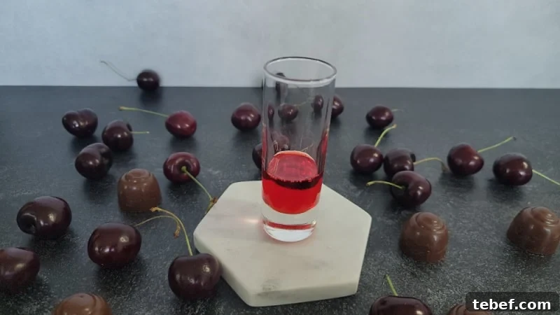 grenadine in the bottom of a shot glass on a white coaster surrounded by chocolate covered cherries