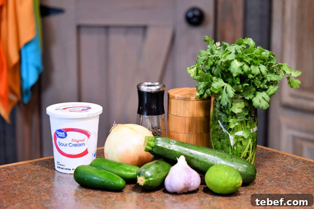 Creamy Zucchini Pasta Sauce Recipe for Light Weeknight Dinners 3 fresh ingredients for zucchini pasta sauce on a countertop