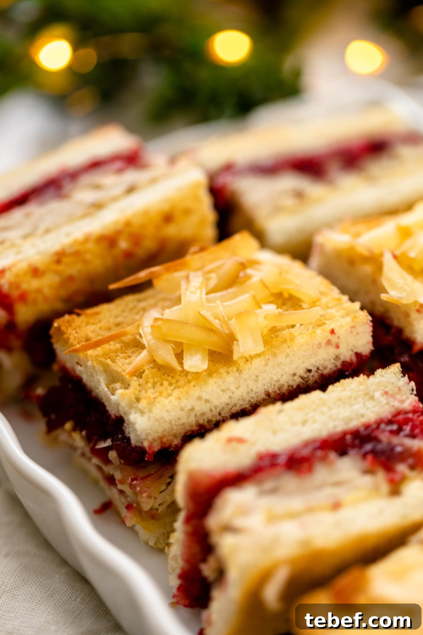 Turkey and Cranberry Croque Monsieur Recipe for Holiday Sandwiches 3 Turkey cranberry croque monsieur sitting on white plate with Christmas lights and greenery in background all on white surface