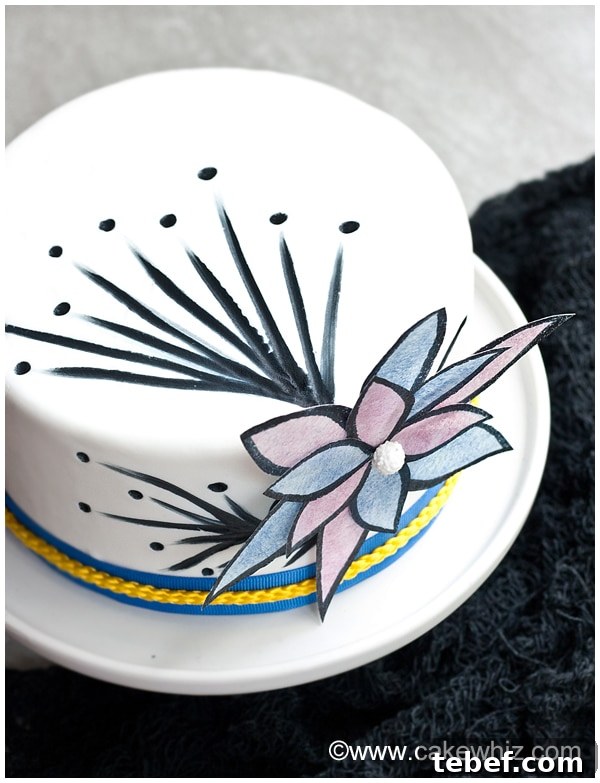 Wafer Paper Flower Tutorial: realistic edible blooms step-by-step 4 Overhead Shot of White Cake Decorated with Wafer Paper and Black Edible Marker