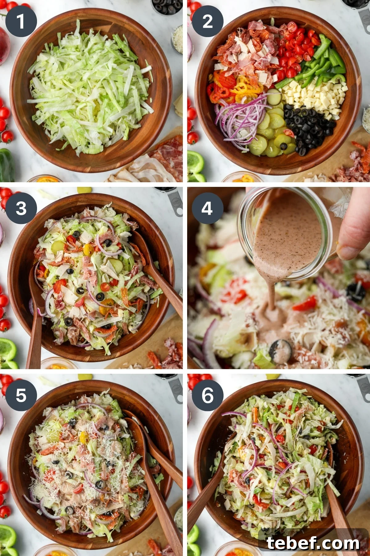 Italian Sub Sandwich Salad: Classic Deli Salad with Salami, Provolone & Italian Dressing 4 Adding toppings to a bowl full of lettuce, then tossing it with creamy dressing and parmesan cheese.