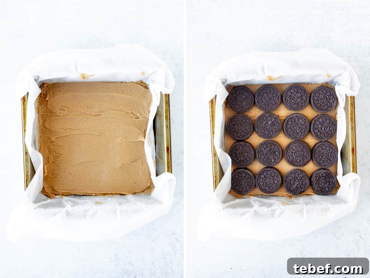 Peanut Butter Oreo Blondies Recipe — Gooey Cookie Bar Dessert 4 Pan of peanut butter blondie dough, and pan of peanut butter blondie dough with Oreo layer on top