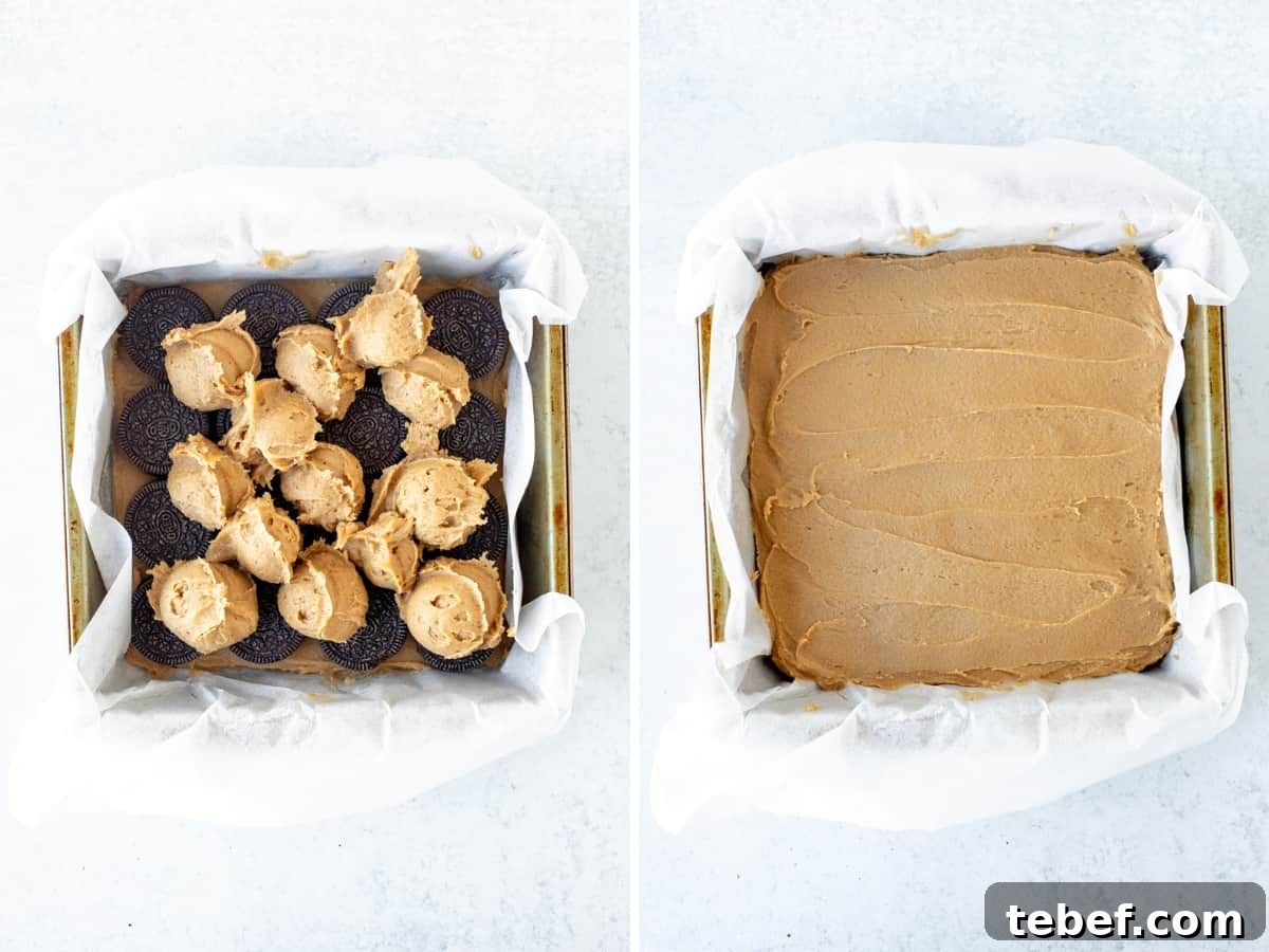 Peanut Butter Oreo Blondies Recipe — Gooey Cookie Bar Dessert 5 Pan of Oreo peanut butter blondies with peanut butter dough spooned on top of Oreo layer, and pan of unbaked peanut butter Oreo blondies