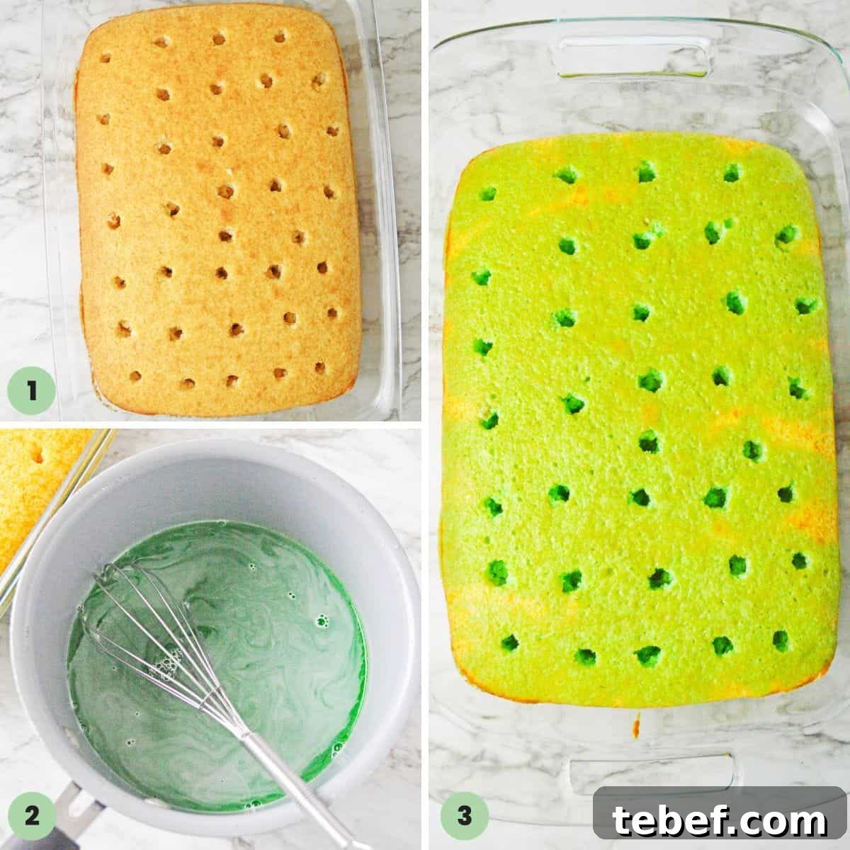 Collage of 3 images showing how to bake a white cake, poke it, and fill it with lime jello.