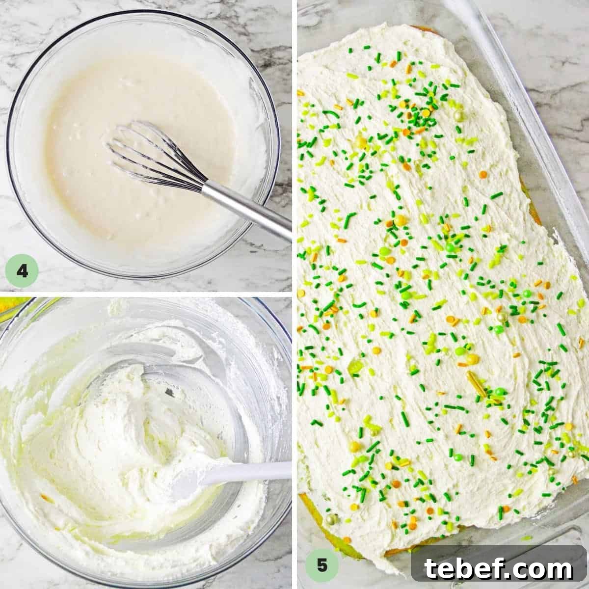 Collage of 3 images showing how to make cake frosting, and frost the cake.