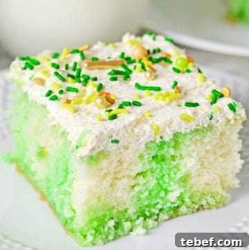 Close up shot of lime jello poke cake