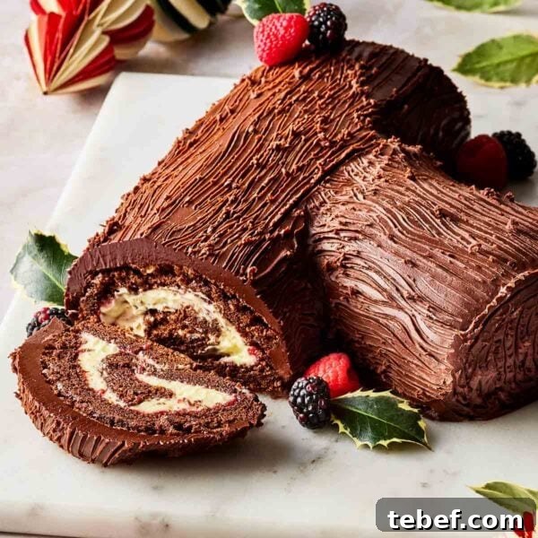 Slow Cooker Chocolate Orange Pudding Recipe 13 A Christmas yule log on a board, with a slice out to show the insides, and decorated with holly and berries.