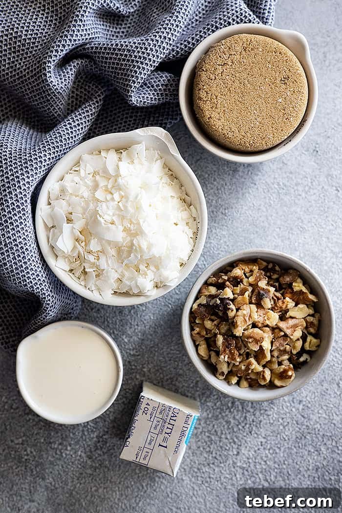 Ingredients needed to make the frosting: brown sugar, coconut, cream, butter, and nuts.