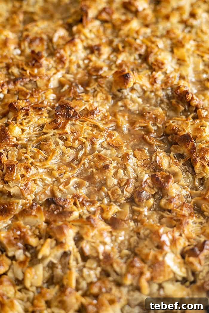 Close up of the lazy daisy frosting after it has been broiled. It's golden, crunchy, with some slightly gooey spots. 