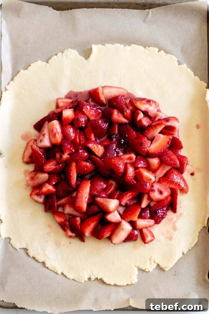 Rustic Strawberry Galette Recipe: Flaky Crust and Fresh Filling 6 strawberries piled onto center of pie dough circle