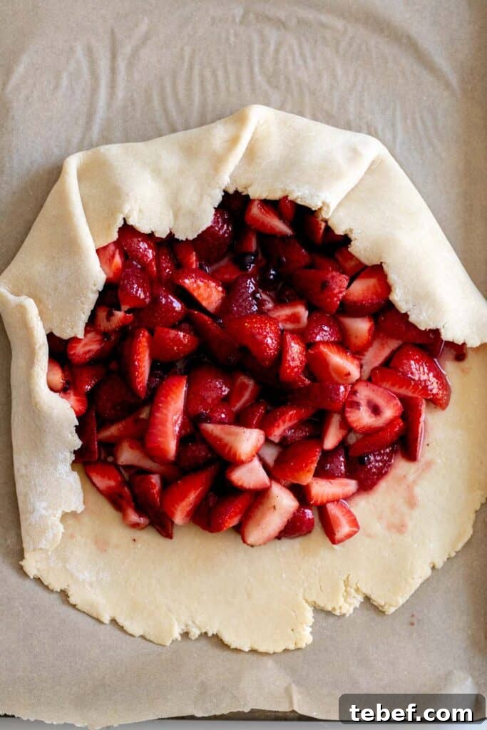 Rustic Strawberry Galette Recipe: Flaky Crust and Fresh Filling 7 strawberries piled onto center of pie dough with edges folded up