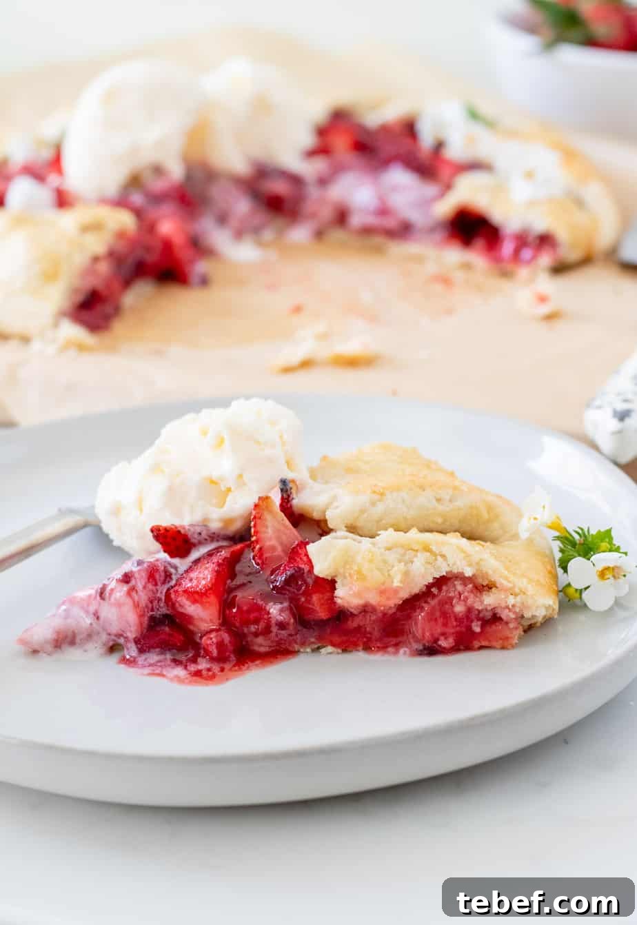 Rustic Strawberry Galette Recipe: Flaky Crust and Fresh Filling 10 slice of strawberry galette with vanilla ice cream on a plate