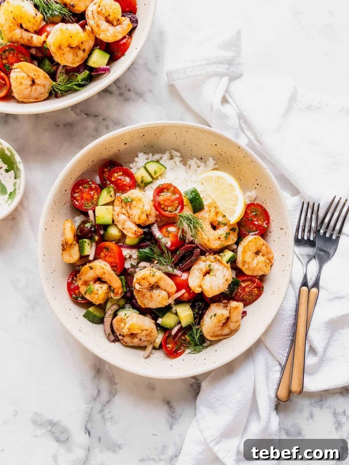 Mediterranean Shrimp Rice Bowl with Fresh Salad 9 Mediterranean shrimp rice bowl with chopped cucumber, tomatoes, olives garnished with fresh dill.