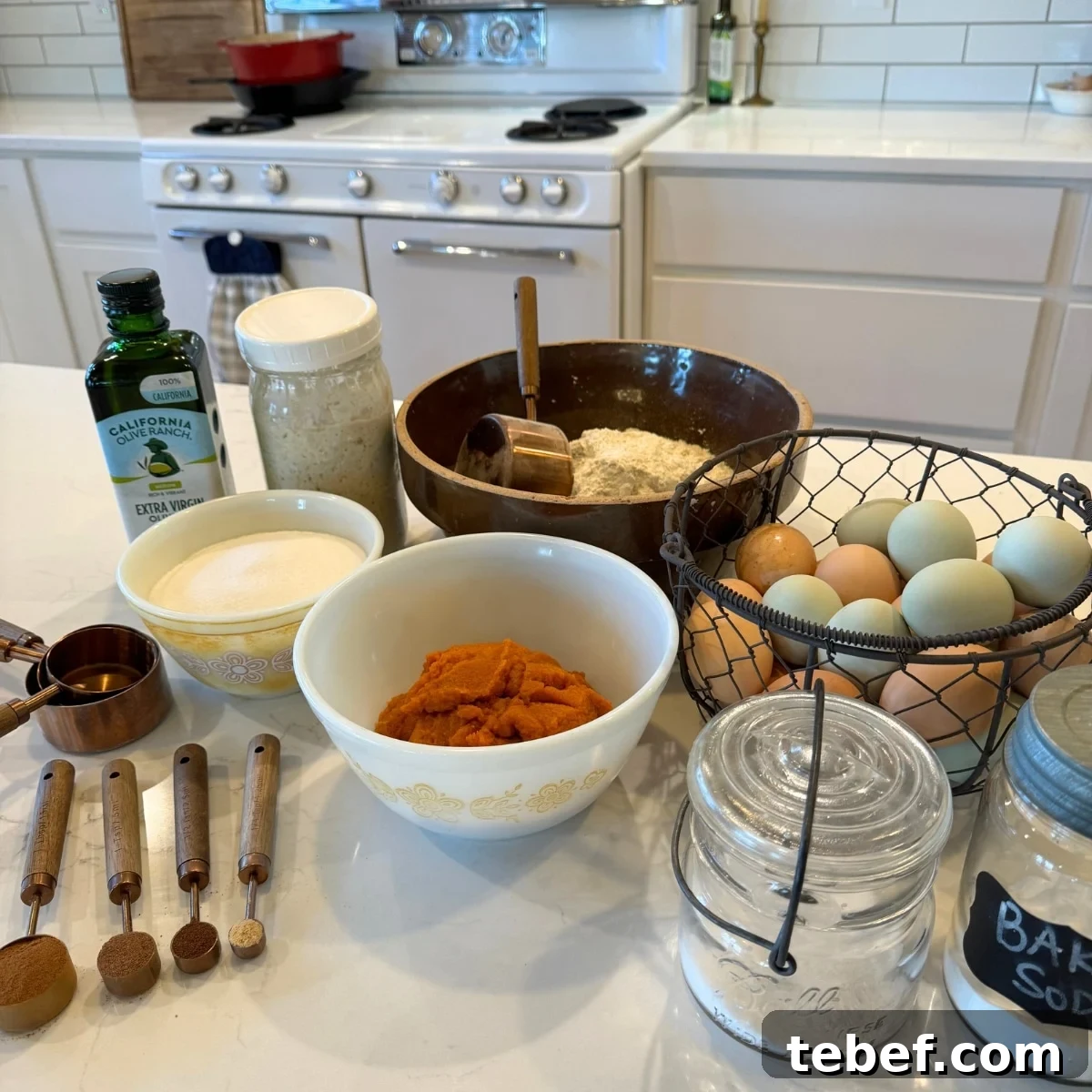 Moist Sourdough Pumpkin Bread Recipe for Fall Baking 3 oil, sourdough starter, flour, sugar, cinnamon, ginger, cloves, nutmeg, pumpkin puree, salt, baking soda, eggs