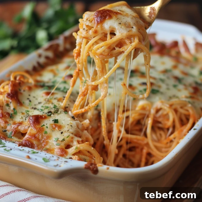 Cream Cheese Baked Spaghetti with Golden Crispy Top 4 Baked pasta in dish