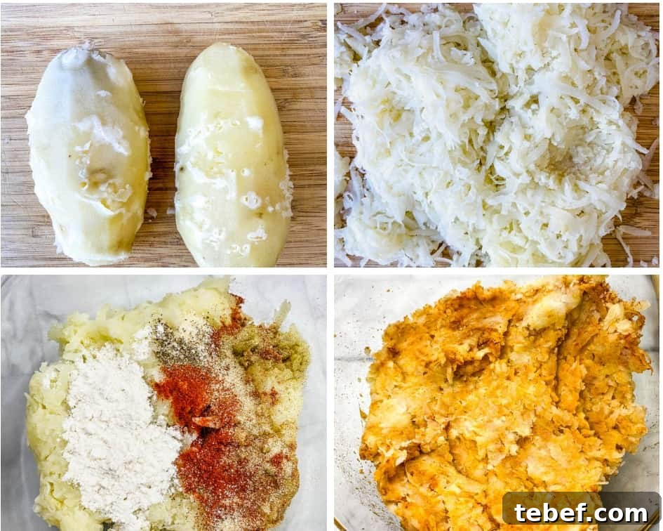 Crispy Air Fryer Tater Tots: Perfectly Golden Every Time 4 collage photo of in process photos 2 parboiled potatoes, potatoes shredded on a cutting board, shredded potatoes seasoned in a bowl