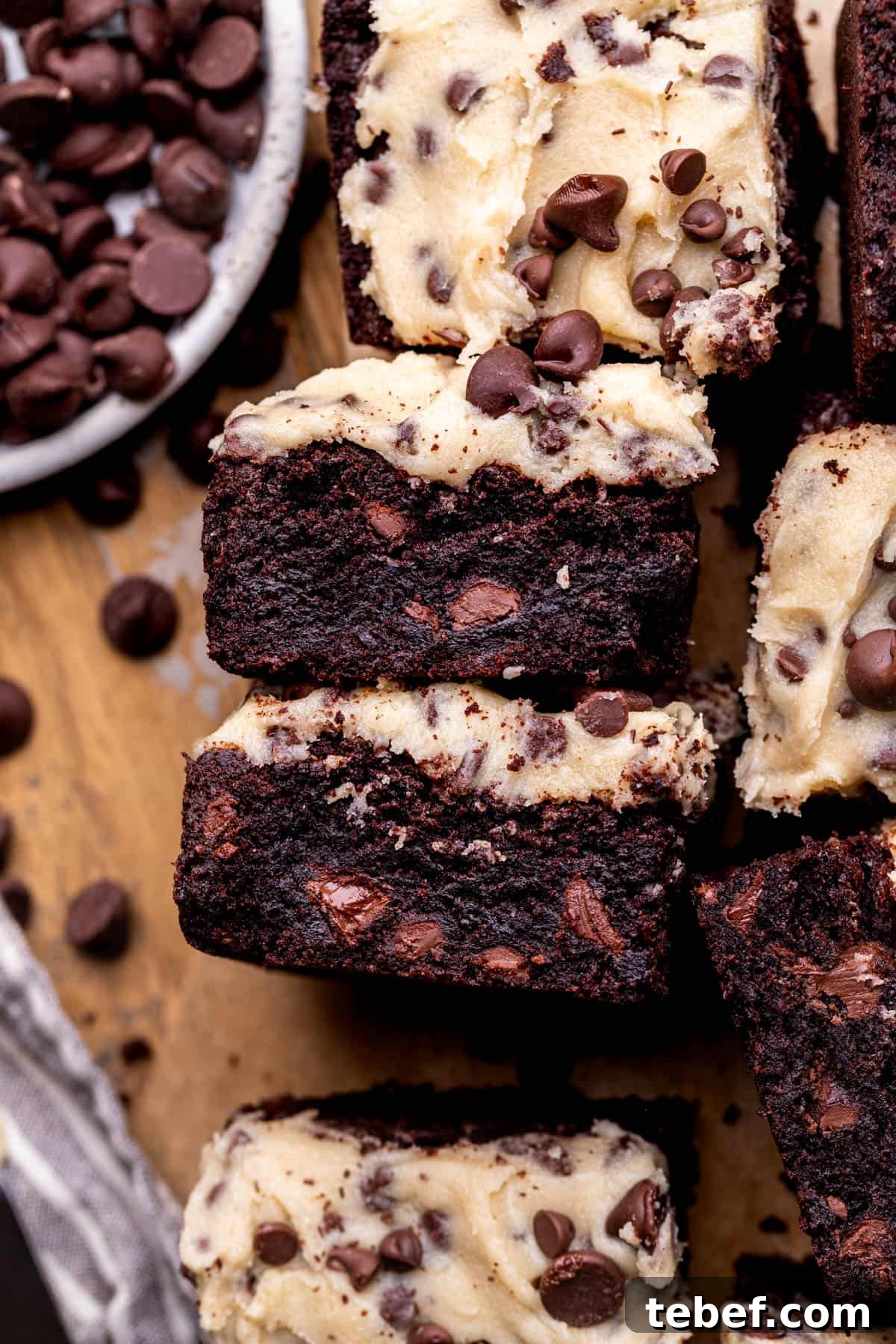 Cookie Dough Brownies Recipe: Fudgy Brownies with Edible Cookie Dough 2 Side view of cookie dough brownies.