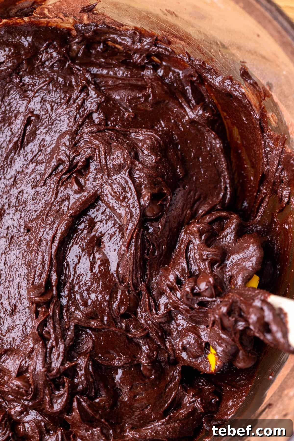 Cookie Dough Brownies Recipe: Fudgy Brownies with Edible Cookie Dough 5 Brownie batter in a glass bowl.