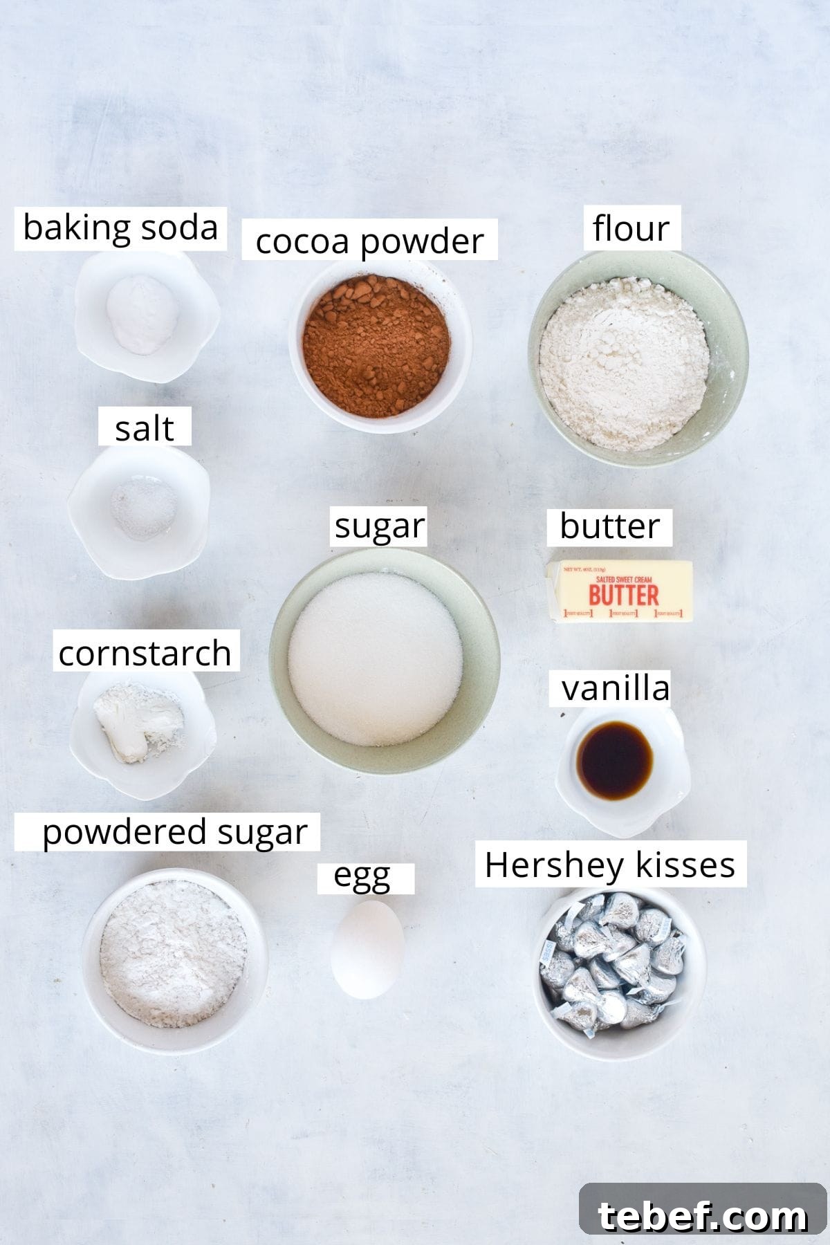 Cocoa Blossom Cookies Recipe: Crispy Chocolate Flower Cookies 3 ingredients for recipe laid out.