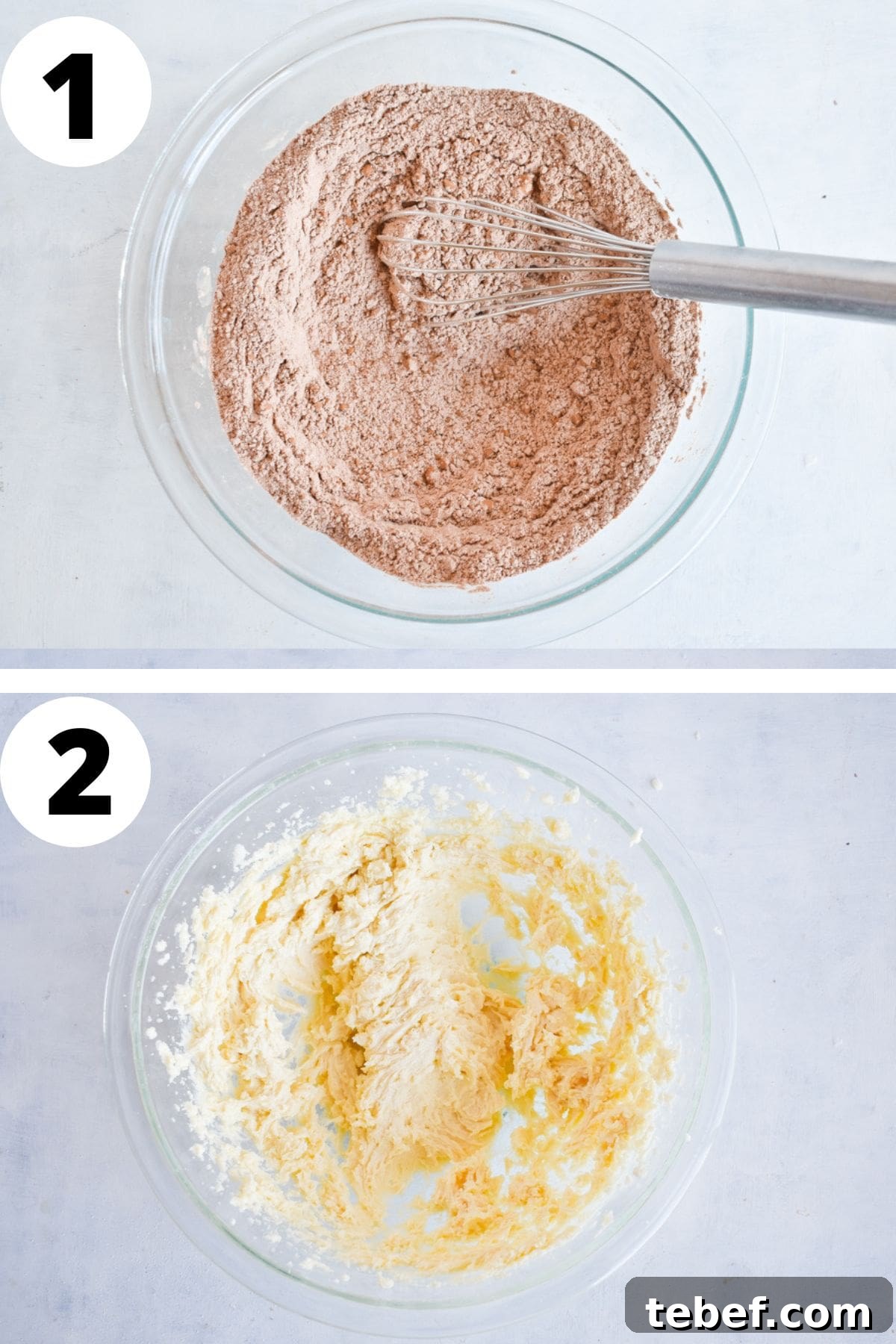 Cocoa Blossom Cookies Recipe: Crispy Chocolate Flower Cookies 4 two images showing dry ingredients mixed and butter and sugar creamed together.