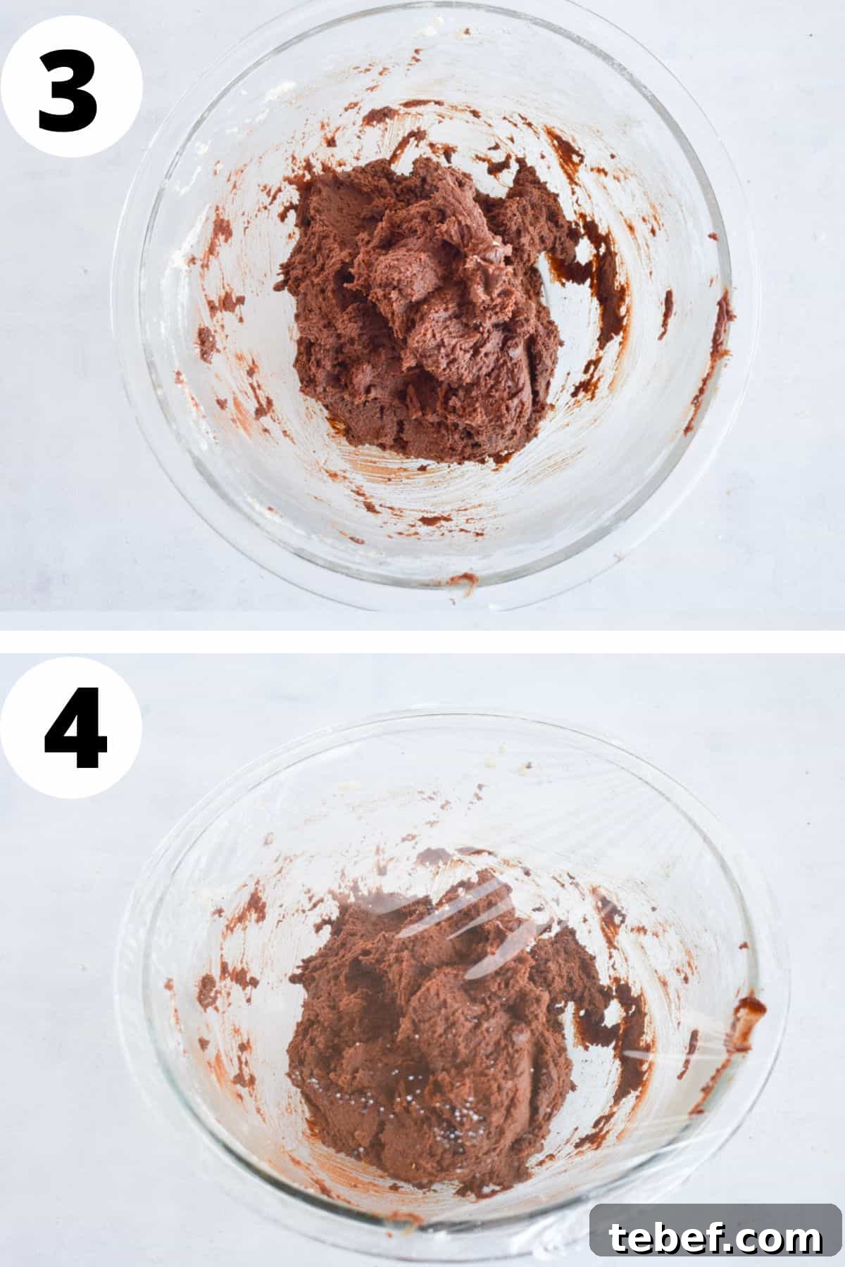 Cocoa Blossom Cookies Recipe: Crispy Chocolate Flower Cookies 5 two images showing chocolate cookie dough and cookie dough covered and chilled.