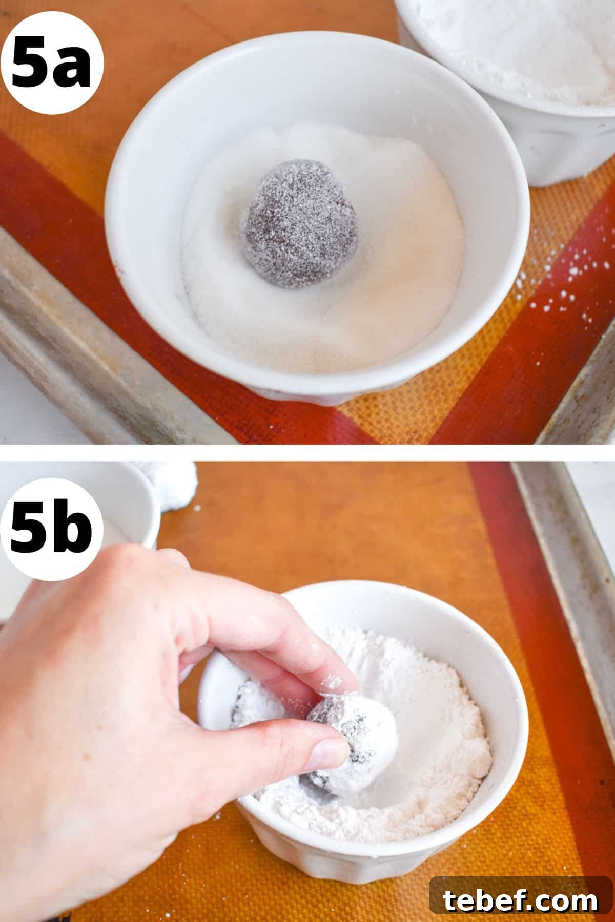 Cocoa Blossom Cookies Recipe: Crispy Chocolate Flower Cookies 6 two images showing cookie dough ball rolled in sugar and then powdered sugar.