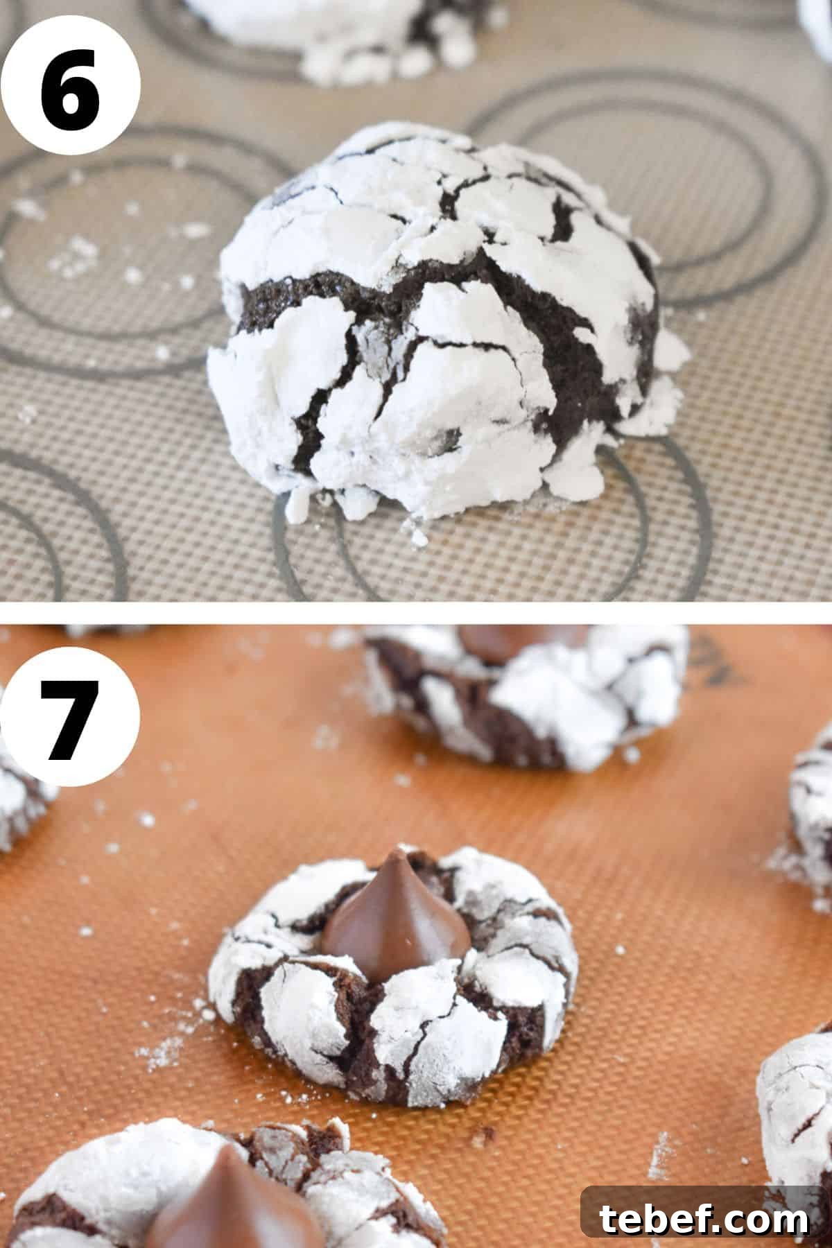 Cocoa Blossom Cookies Recipe: Crispy Chocolate Flower Cookies 7 two images showing the chocolate blossom cookie baked and with a Hershey kiss on top.