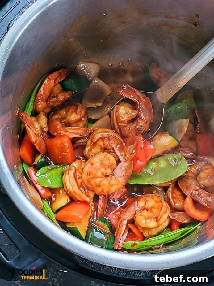 Instant Pot Shrimp Stir-Fry: Quick Garlic Soy Recipe 7 shrimp stir fry recipe in instant pot with veggies and a ladle