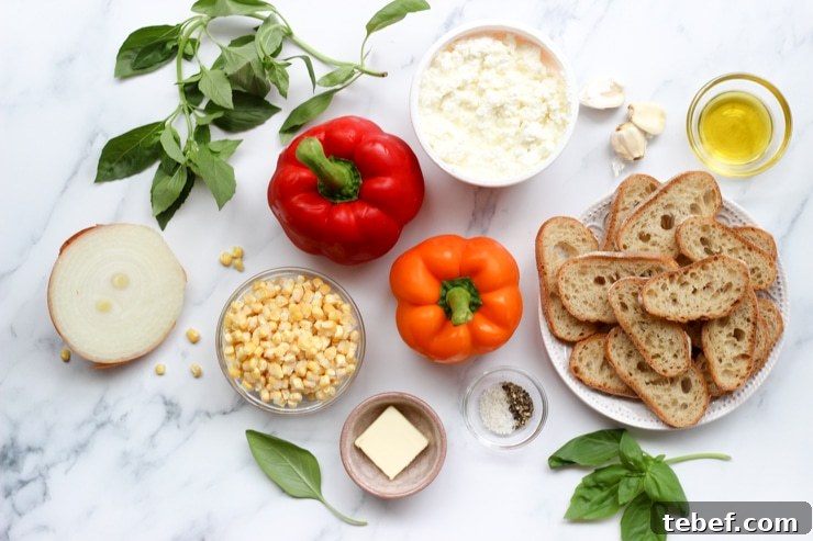 Ingredients for Whipped Ricotta Crostini on a kitchen counter
