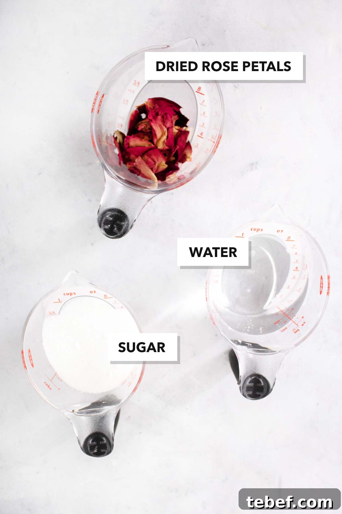 Homemade Rose Syrup Recipe for Fragrant Drinks and Desserts 3 Rose syrup ingredients.