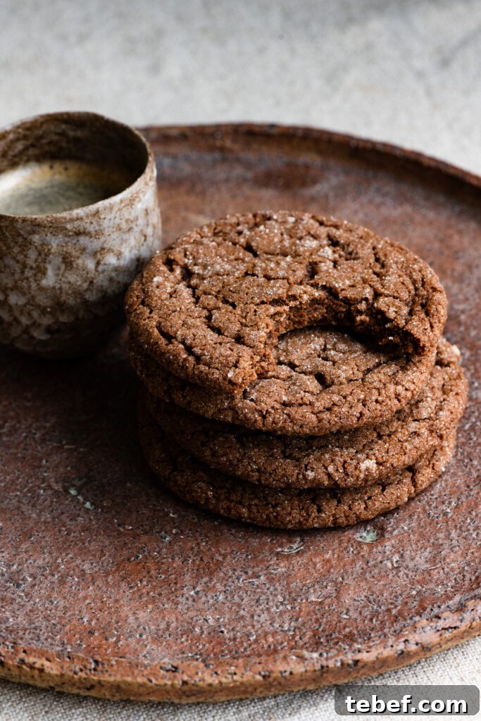 Chewy Chocolate Gingerbread Cookies Recipe for Holiday Baking 3 Stack of chocolate gingerbread cookies on a plate next to a cup of coffee.
