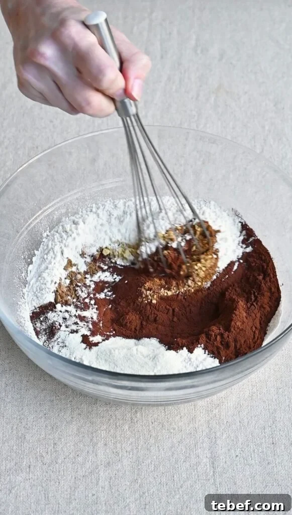 Chewy Chocolate Gingerbread Cookies Recipe for Holiday Baking 4 Hand whisking cocoa powder and spices into a flour in a bowl.