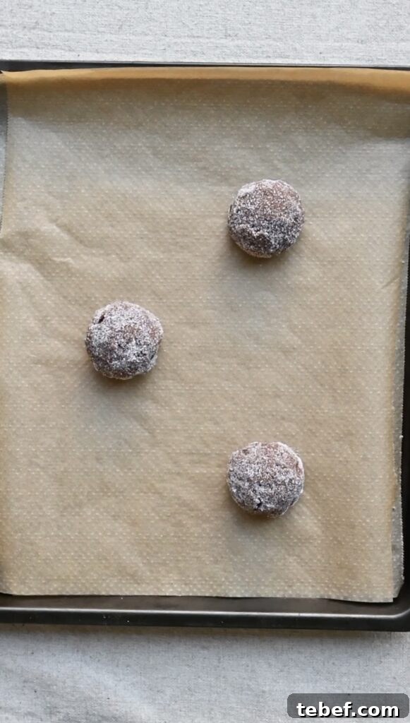 Chewy Chocolate Gingerbread Cookies Recipe for Holiday Baking 10 Three sugar coated cookie dough balls on a baking sheet.