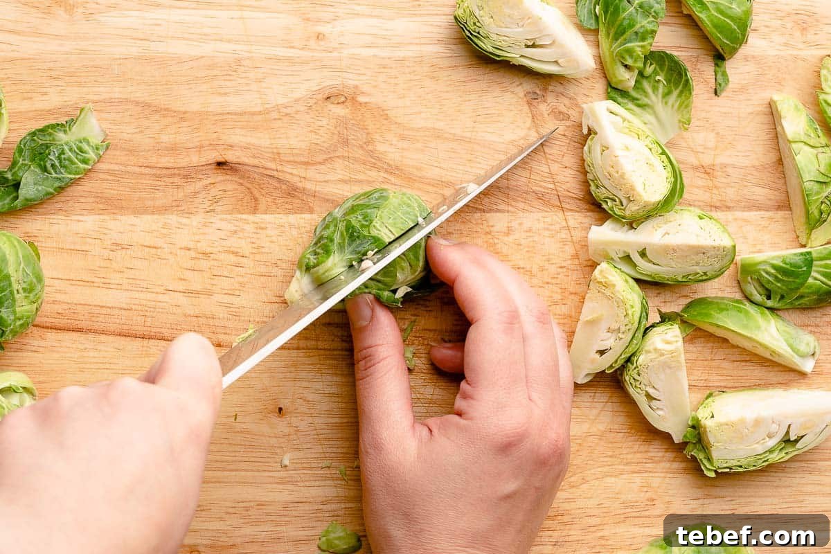 cutting brussels sprout in half vertically