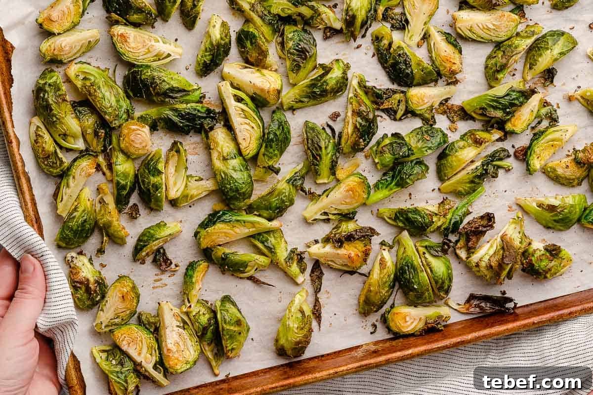 roasted brussels sprouts on baking sheet